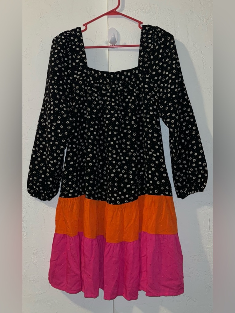 Oddi Color Block Mini Dress Black & White Floral Top, Orange & Pink Bottom NWOT
